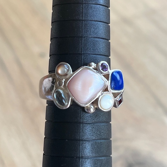 Vintage Ring signed 925 LT lapis, pearl, amethyst garnet aquamarine sz 9. - Picture 8 of 11